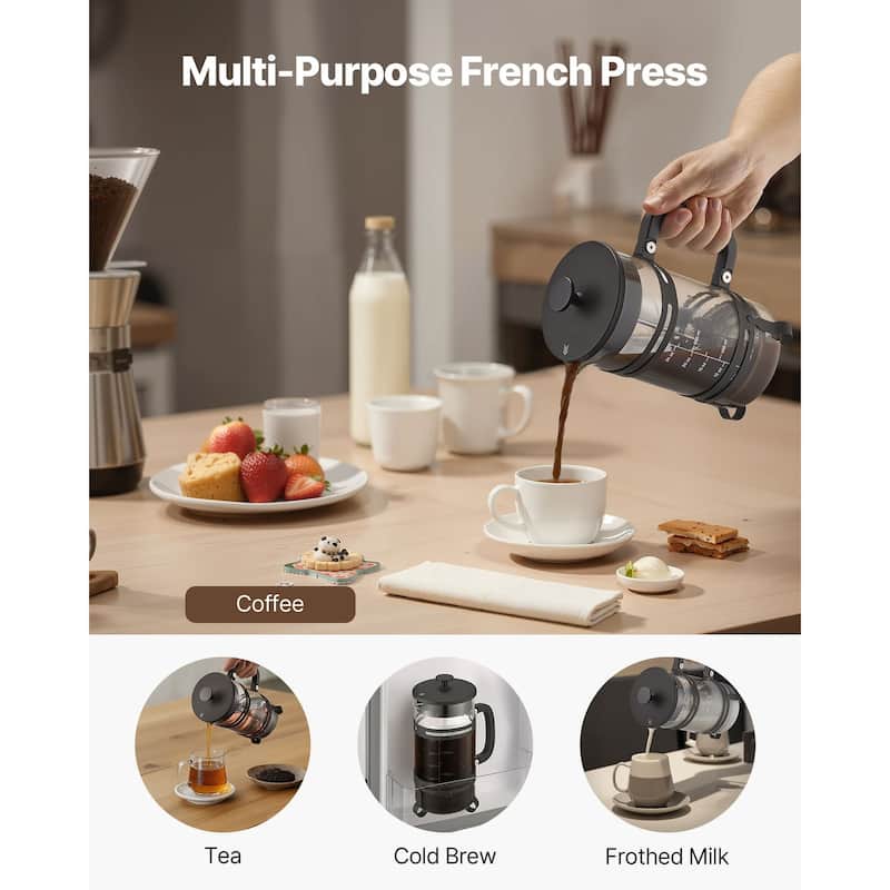 Large 1L Glass French Press for Coffee, Tea, and Cold Brew - 6.69 x 4.13 x 8.46 inch