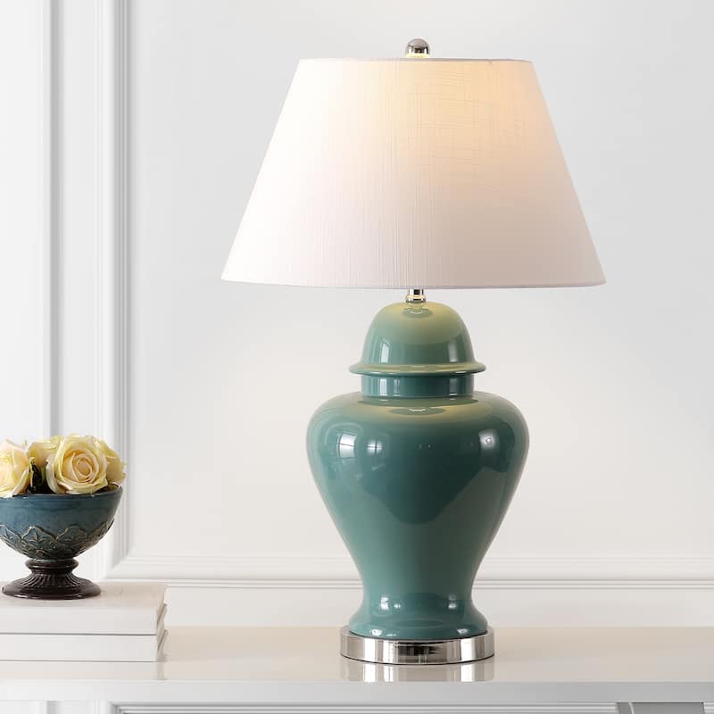 Watts 33" Ceramic/Iron Modern Classic LED Table Lamp, Green by JONATHAN Y - Teal