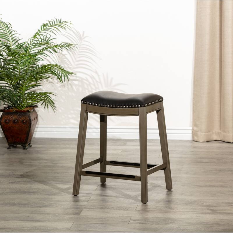 DTY Indoor Living Durango Leather Saddle Stool - Weathered Gray Finish/French Gray Bonded Leather - Counter Height