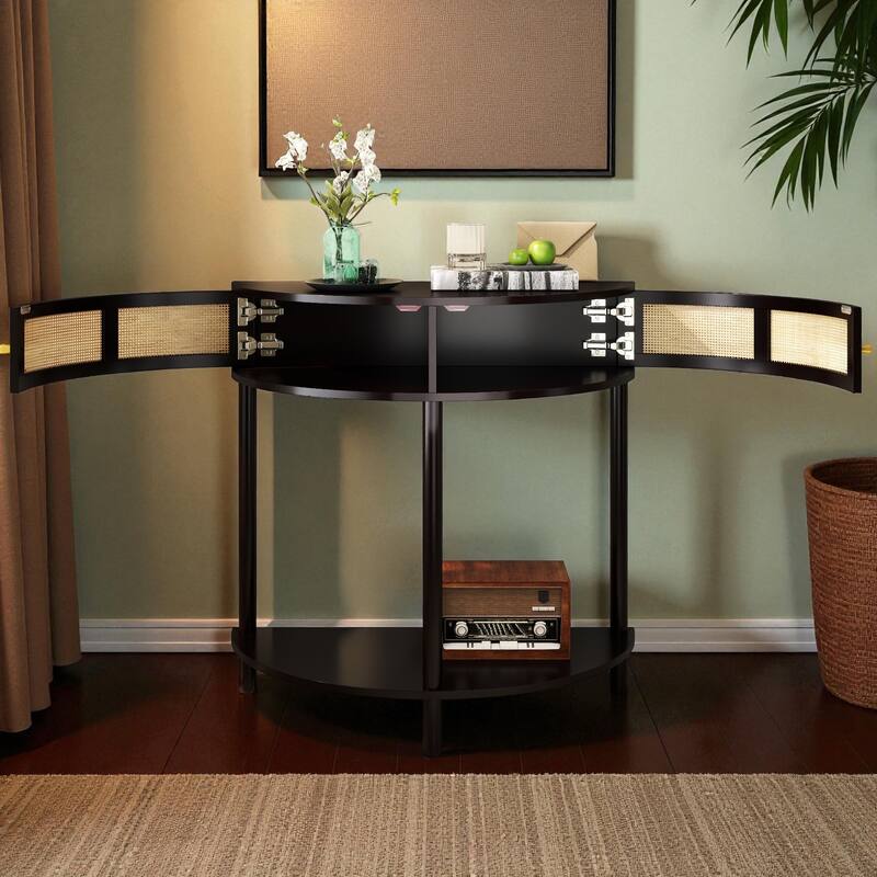 31.5" Half Moon Console Table with Sliding Rattan Doors, 2 Storage Cabinets and Bottom Shelf for Entryway or Living Room