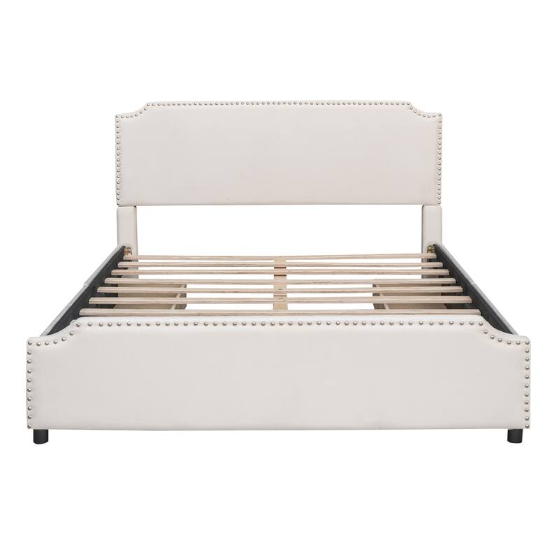 Velvet Fabric Upholstered Platform Bed with Stud Trim Headboard and Footboard and 4 Drawers No Box Spring Needed - Beige