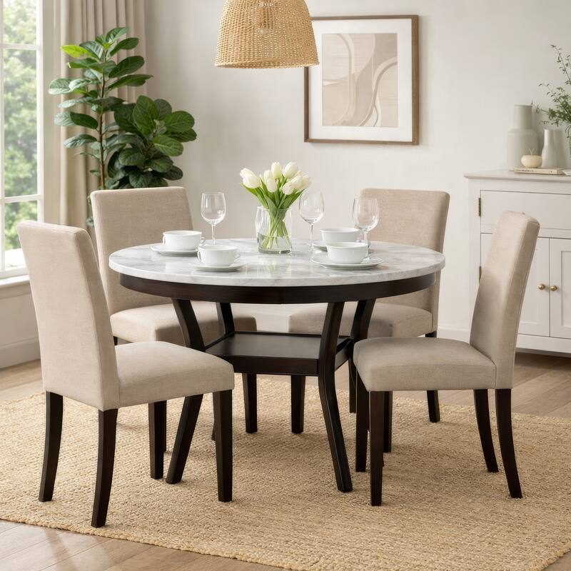 Kate 47 Inch Round Dining Table with Faux Marble Top, White and Brown