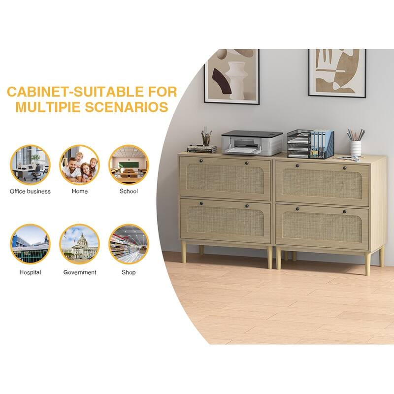 Anmytek Wood Rattan 2 Drawer Lateral File Cabinet with Adjustable Hanging Bar for Letter / A4 / Legal Size Files