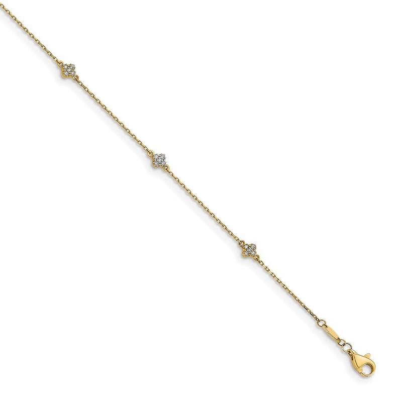Curata 14k Yellow Gold 10+1" Cubic Zirconia Flower Station Anklet (Lobster-claw)