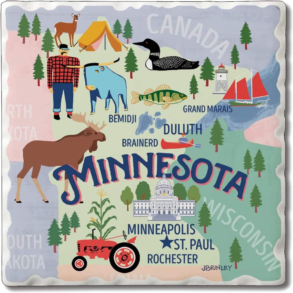 Minnesota Attractions 4 Pack Coasters with Protective Cork Backing 4" Square Made in The USA Artistic Absorbent Wipes Clean
