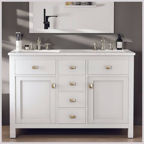 Totti Artemis 44" White Transitional Double Sink Bathroom Vanity w White Carrara Style Man-Made Stone Top