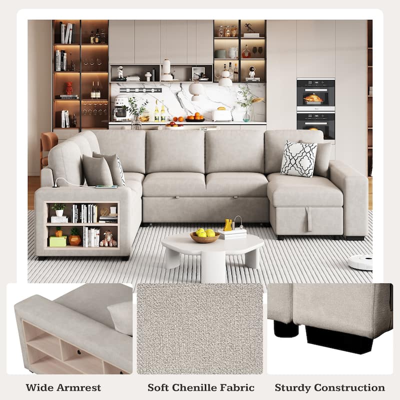 109" Chenille U-Shaped Convertible Sectional Sofa with USB & Storage