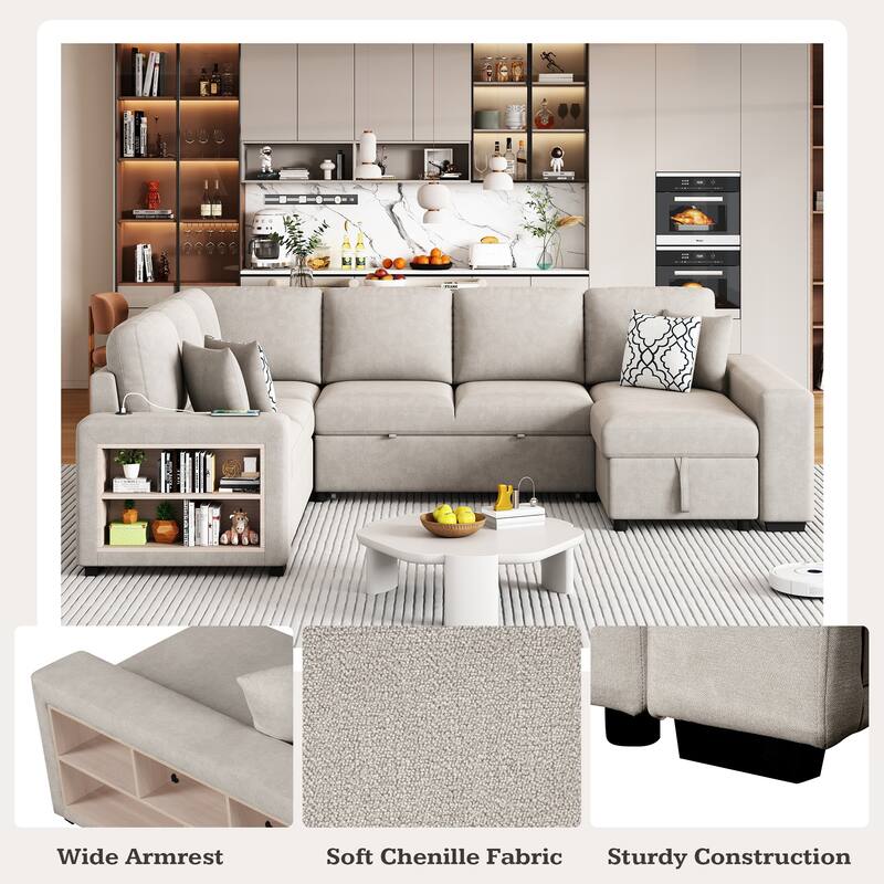 Roomfitters U-Shaped Sectional Sofa with Pull-Out Bed, Two USB Ports, Storage Chaise Lounge, and Four Back Pillows