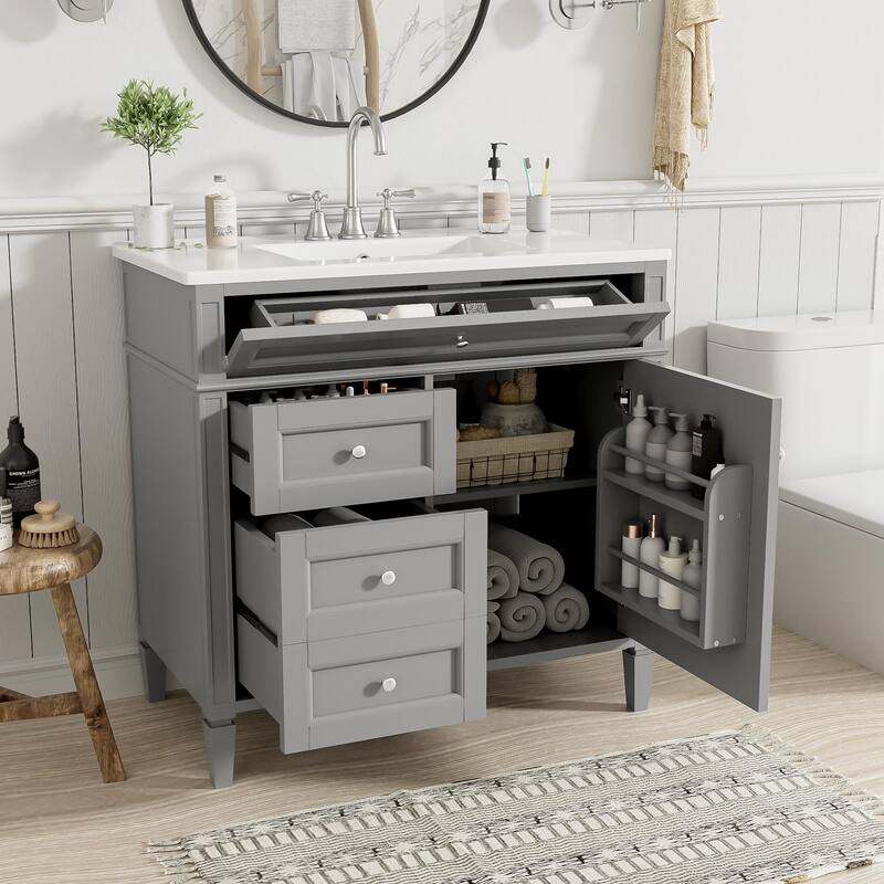Modern Single Sink Bathroom Vanity Cabinet with Door Rack, Tip-out Drawer, 2 Pull-out Drawers, Metal Knobs and Adjustable Shelf