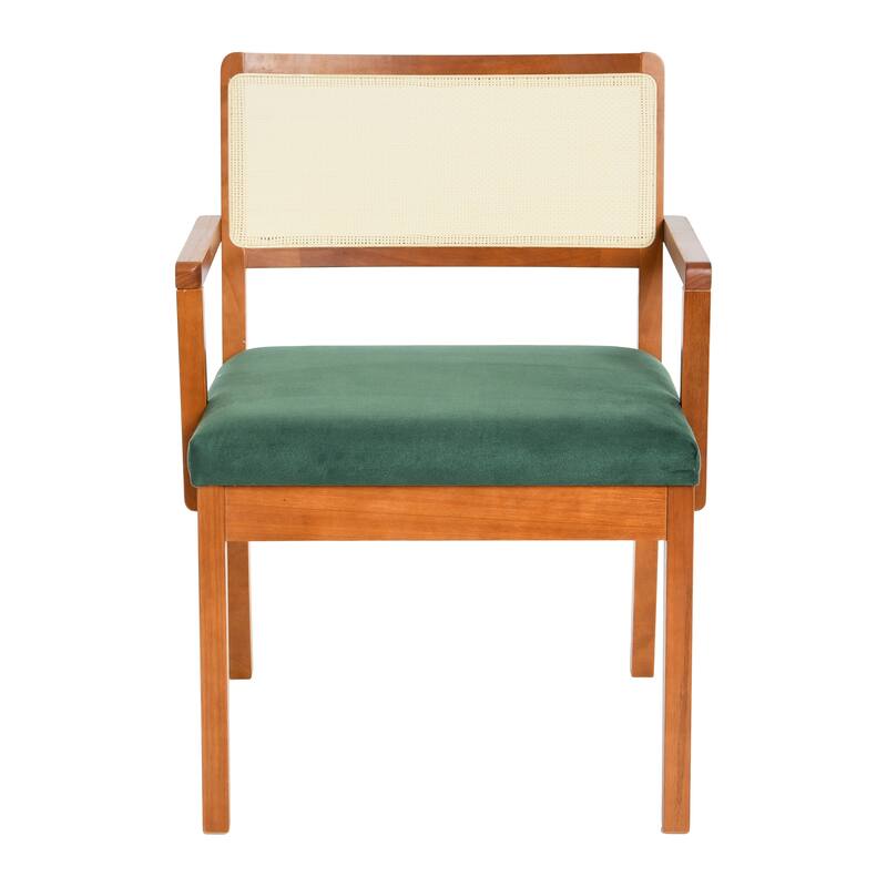 Solid Wood Arm Chair with Woven Cane Back and Velvet Upholstered Seat