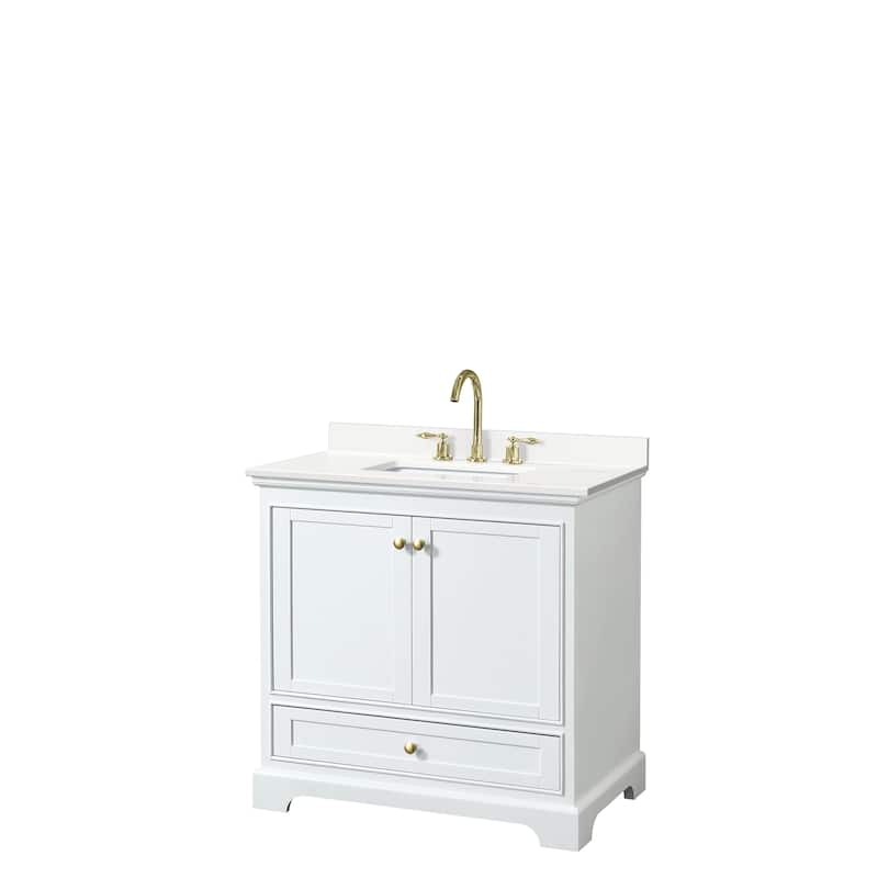Deborah 36-inch Single Vanity, Quartz Top - White, Gold Trim, White Quartz Top