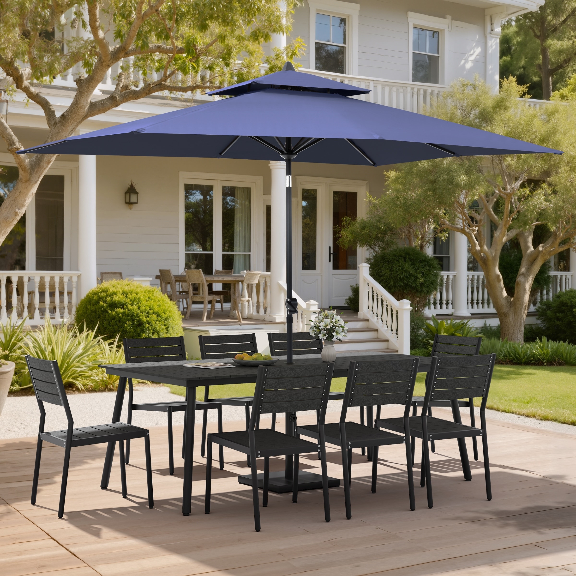 11 PC Outdoor Patio Dining Set Wood-Like Aluminum Umbrella Hole Table with Stackable Chairs,Double Top Market Umbrella and Base