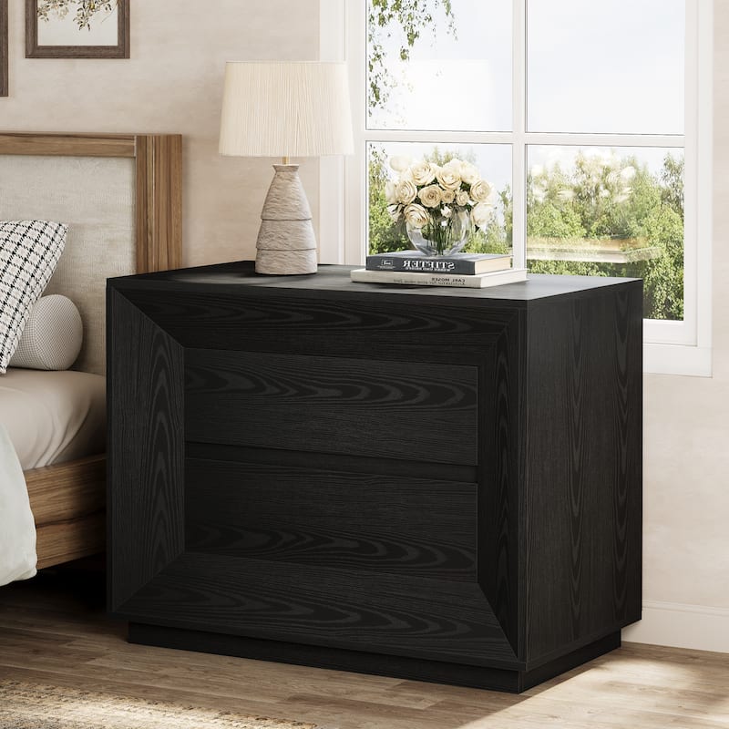 35.43" W Oversized Nightstand, Oak Large Night Stand with Drawers - Black