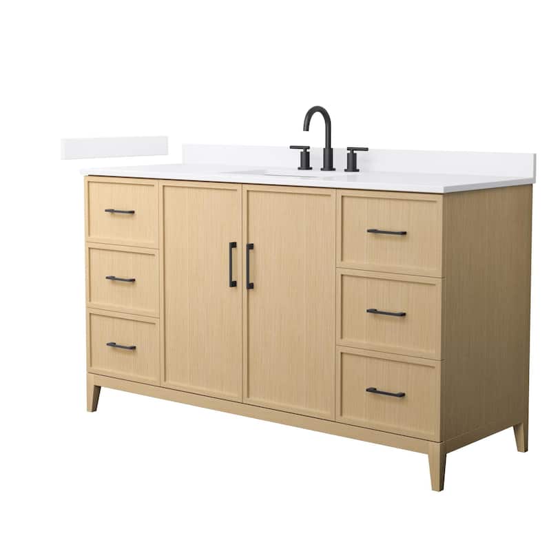 Wyndham Collection WCH717160S-QTZ-US3MXX Elan 60" Free Standing Single - White Oak / White Quartz Top / Matte Black