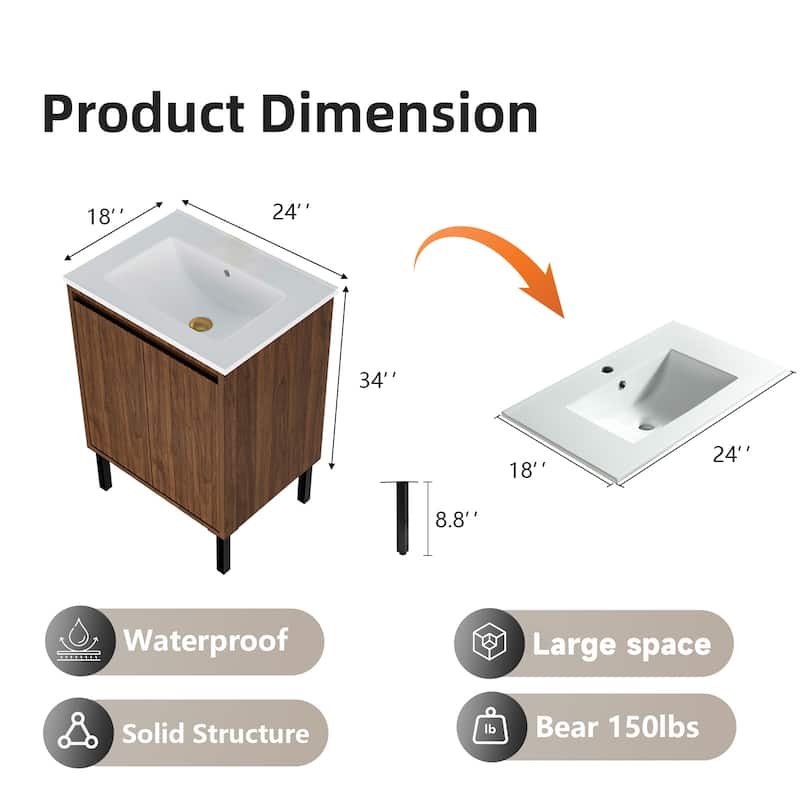 24 Inch Bathroom Vanity with Sink, Floor Standing MDF Cabinet with Soft-Close Drawers and Modern Design