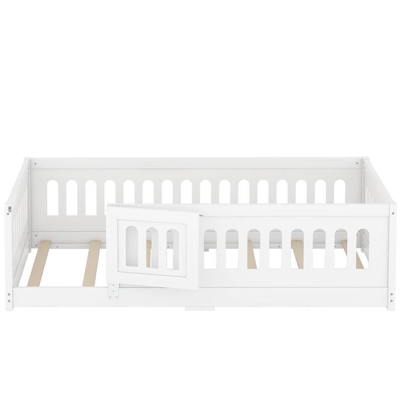 Solid Wood Montessori Floor Bed with Fence & Doors, Wood Slats Support