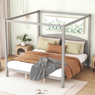 Modern King Size Pine Platform Bed, Canopy Bed with Support Legs and Headboard, Grey