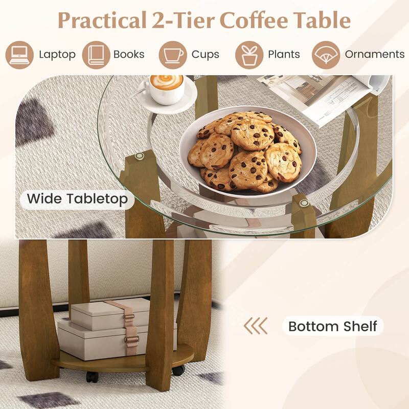 Costway 32” 2-Tier Glass Coffee Table with Tempered Glass Top Bottom - See Details