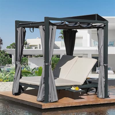 Patio Aluminum Retractable Canopy Bed with Cushion & Cup Holder