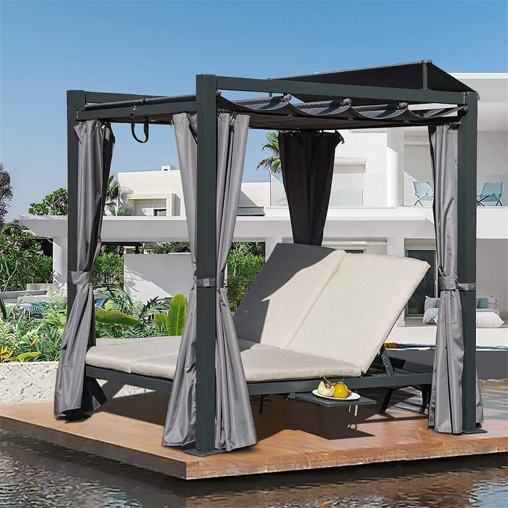 Patio Aluminum Retractable Canopy Bed with Cushion & Cup Holder