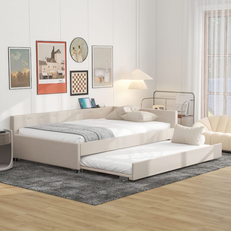 Full Size Upholstered Platform Bed with USB and Twin Size Trundle - Beige