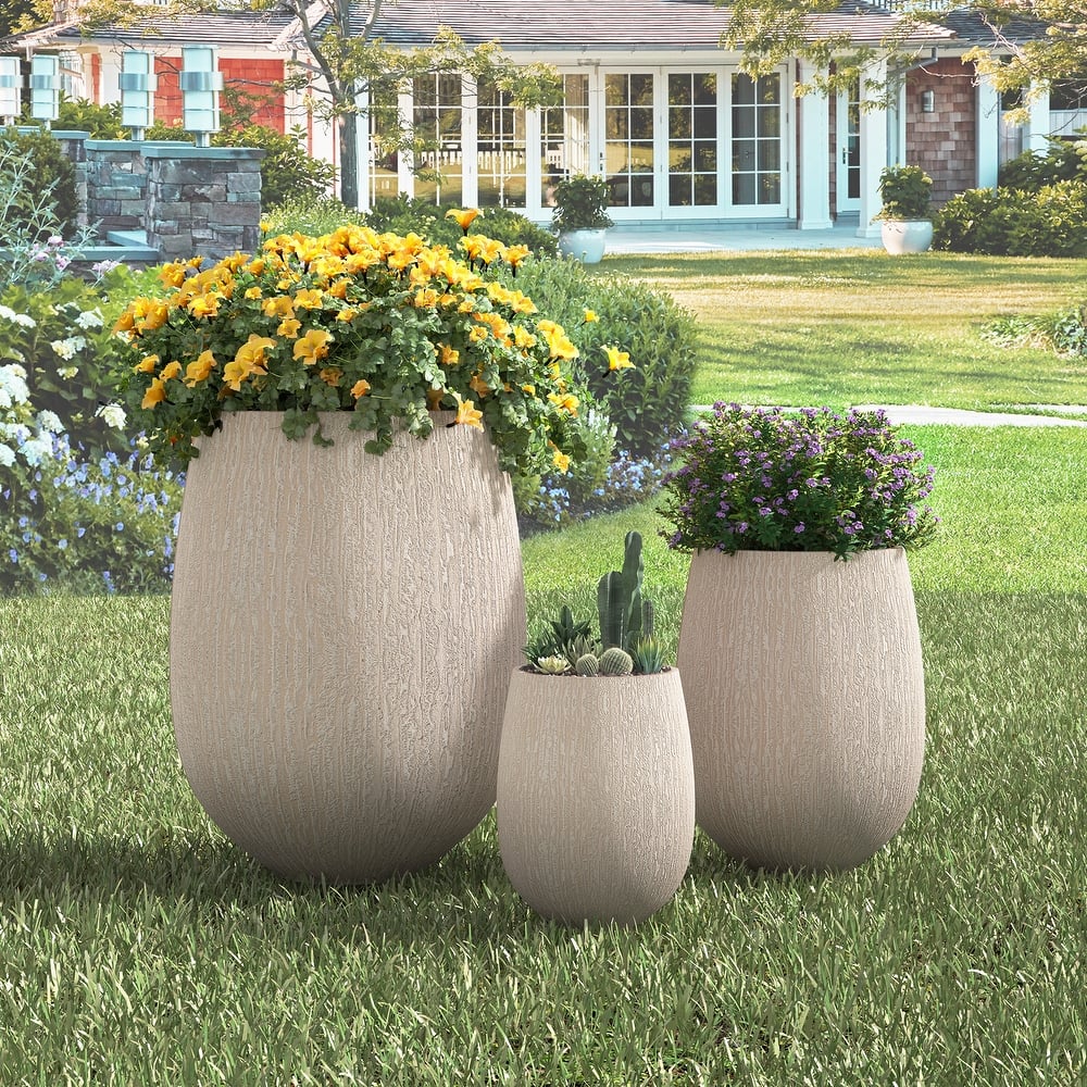 Egg-Shaped Lightweight MGO Outdoor Planter Set of 3,Modern Stone-Look Textured Flower Pots with Drainage Holes and Rubber Plug