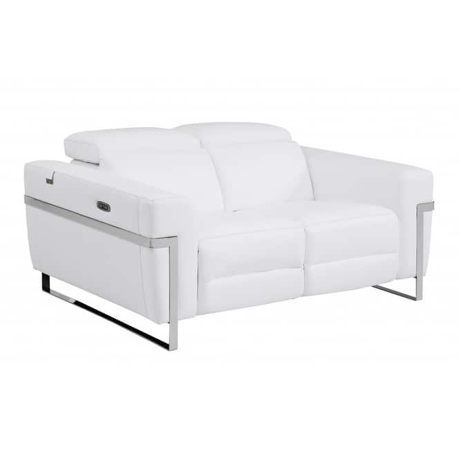 HomeRoots 65" White And Silver Italian Leather Power Reclining Loveseat