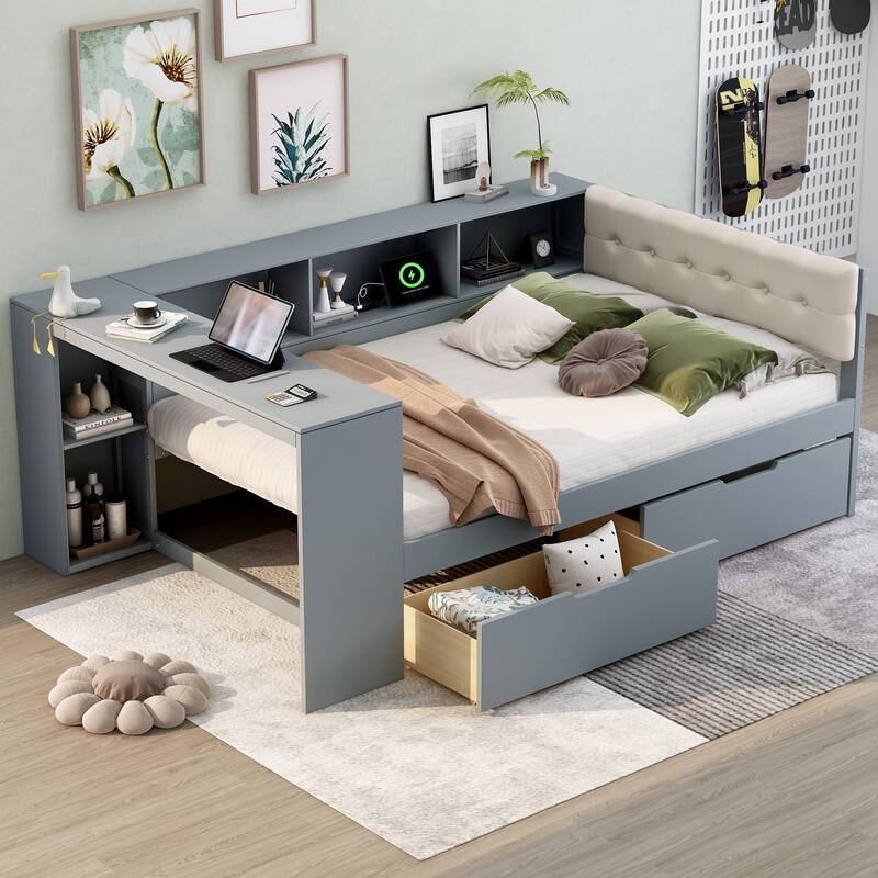 Wooden Platform Bed Multi-Functional Daybed with Desk, Linen Headboard, 2 Drawers, Charging Station and Mulit-Storage Shelves