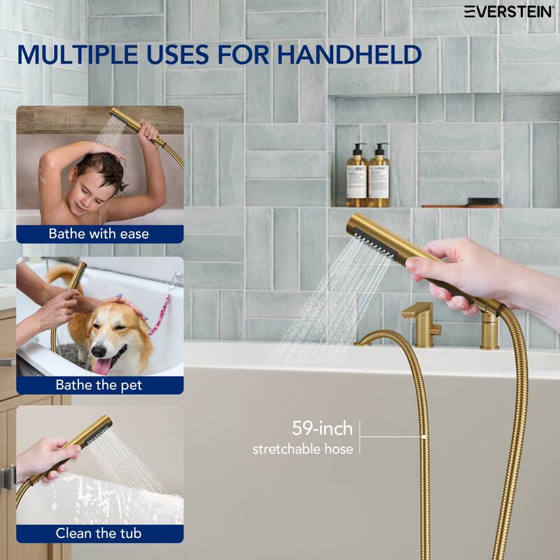 Modern Tub Filler with Hand Sprayer Deck Mount Tub Faucet with Hand Shower 3 Holes Bathtub Faucet Brass