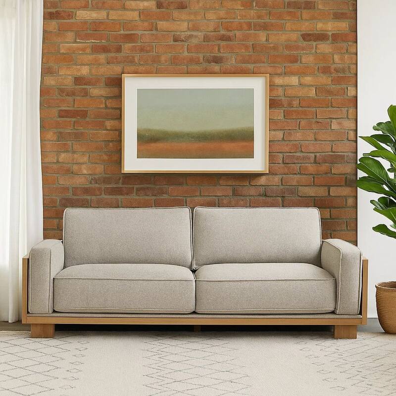 Denu Sofa, Light Brown Fabric Padded, Welt Trim Details, 93 Inch