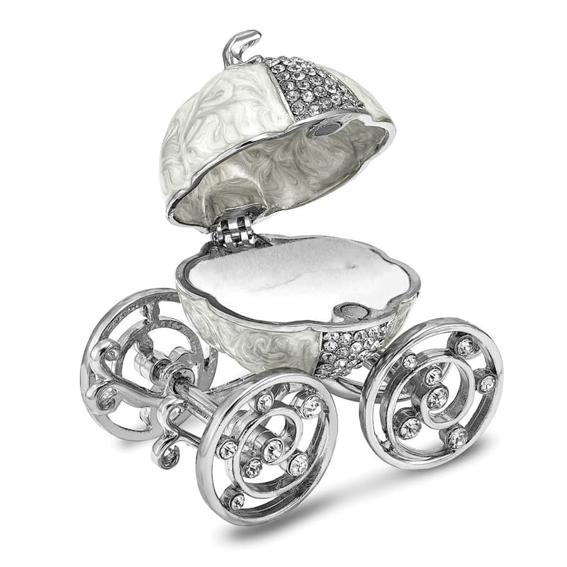 Curata Pewter Crystals Silver-Tone Enameled Ever After Pumpkin Coach W/Ring Pad Trinket Box on 18 Inch Necklace