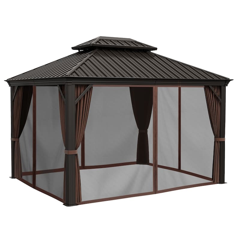 12x10ft Outdoor Double-Roof Aluminum Gazebo with Curtains and Mosquito Netting