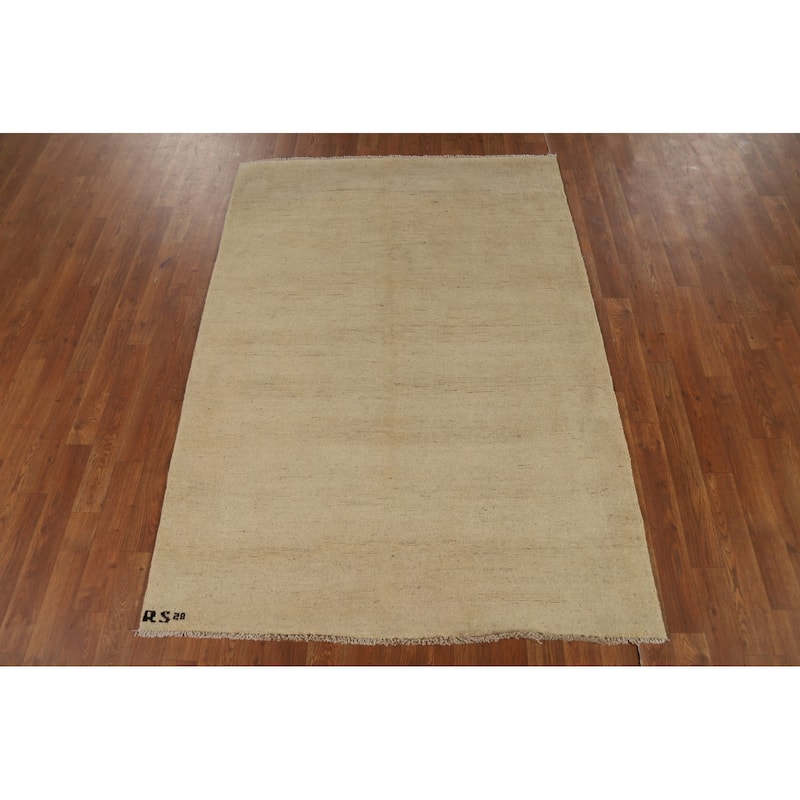 Solid Beige Gabbeh Modern Rug Hand-Knotted Wool Carpet - 4'1"x 5'8"