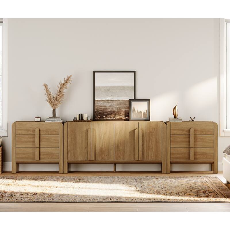 WAMPAT 3-Piece Dresser Set For Bedroom, 126" Large Mid Century Dresser For Closet, Curved Profile Wooden Chest Of Drawers - Walnut