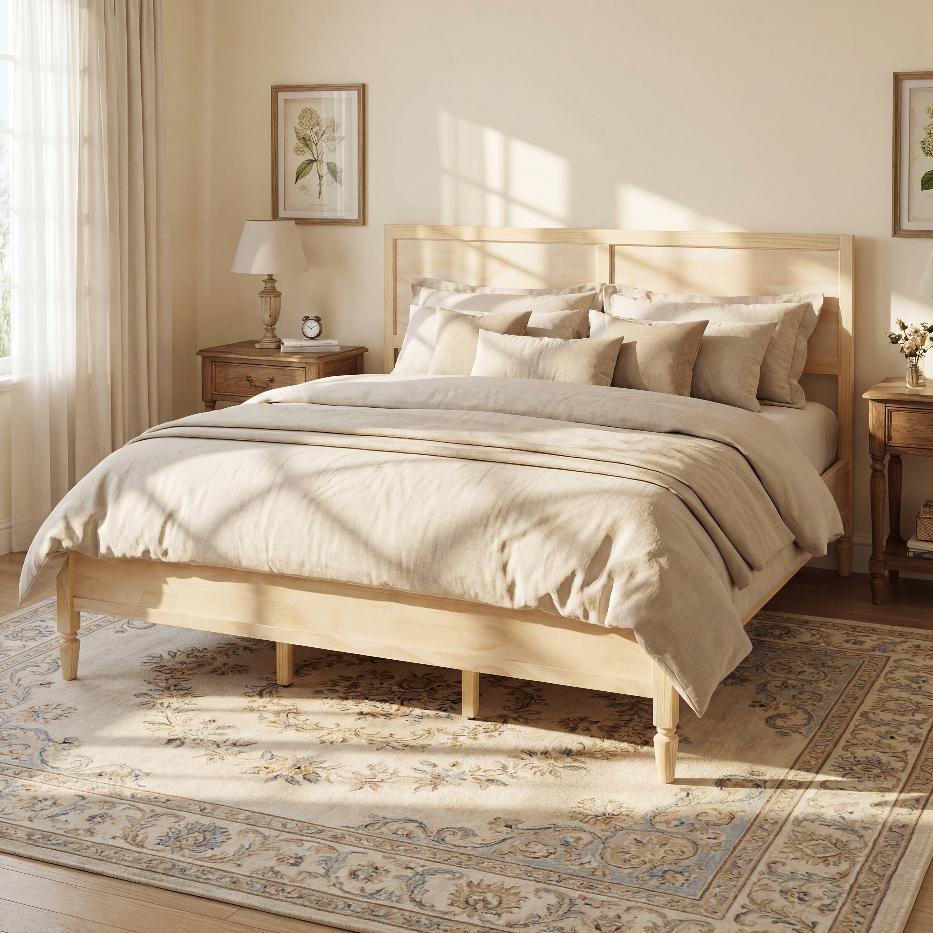 King Size Wood Platform Bed Frame with Classic Panel Headboard, Wooden Slats Support, No Box Spring Needed
