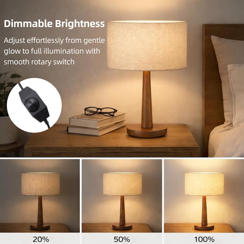 18.5" Modern Table Lamp with Walnut Wood Base, Dimmable Bedside Lamp, UL Listed