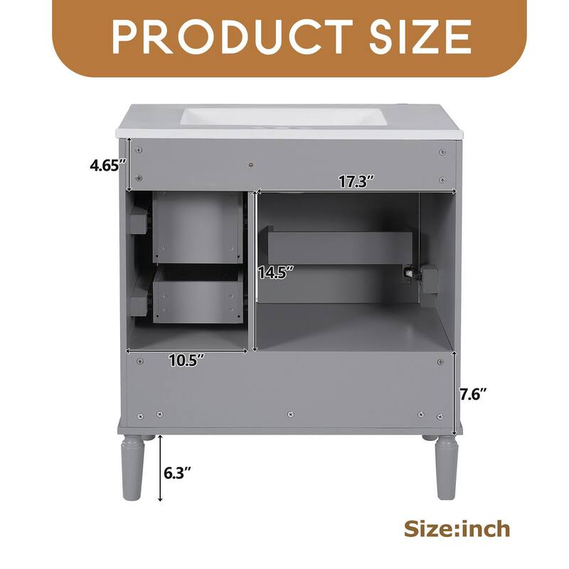 Bathroom Vanity with Ceramic Sink, Soft-Close Door with Built-in Shelf, Deep Drawer, Standard Drawer, Long Divider Drawer