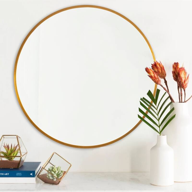 Wall Round Mirror 30'' Modern Brushed Metal Frame Wall-Mounted
