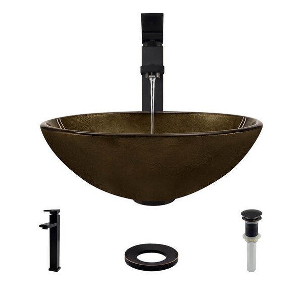 Rene R5-5035-R9-7003 16-1/2" Glass Vessel Bathroom Sink with Vessel Faucet, Sink Ring, and Vessel Pop-Up Drain