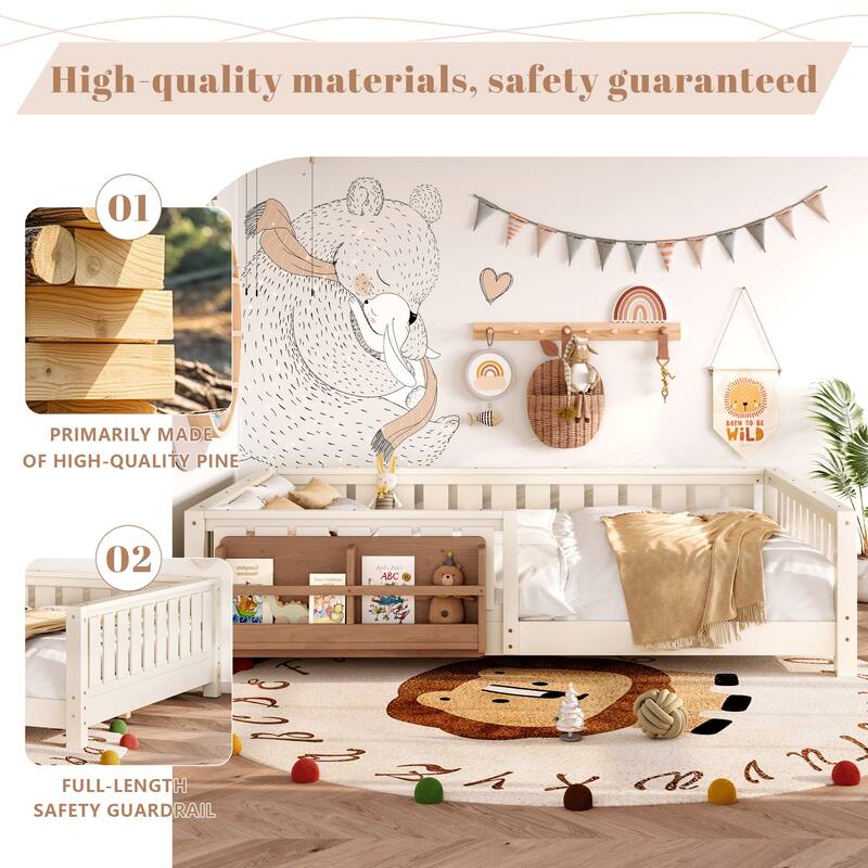 Montessori Floor Bed Low Profile Kids Bed with Rails & Bookshelf