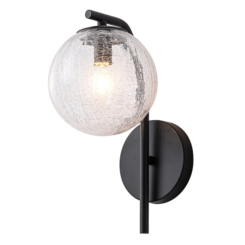 Modern Matte Black Metal Wall Sconce Round Clear Cracked Glass Shade