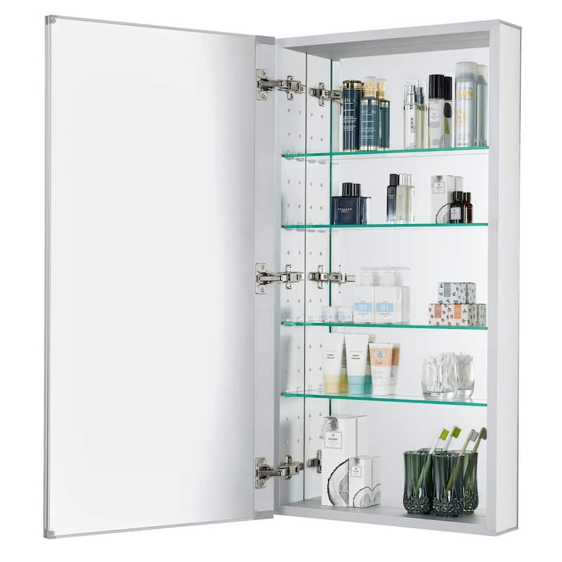 Bathroom Medicine Cabinet, Aluminum, Recessed/Surface Mount, Right/Left Hinged, Mirrored Interior