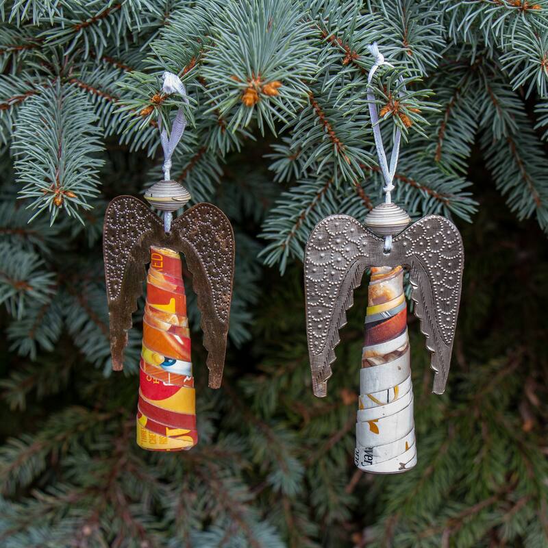 Haitian Paper Mache and Steel Drum Metal Angel Ornaments, Set of 2