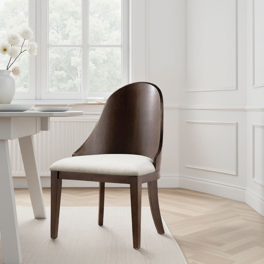 Mordy Side Dining Chair Set of 2, Curve Panel Back, Off White Fabric