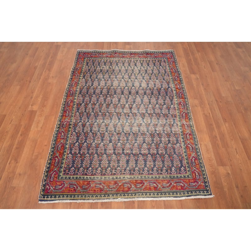 Hand Knotted Oriental 100% Wool Carpet Traditional All-Over Navy Blue & Blues Tabriz Area Rug - 5' 3'' X 3' 8''