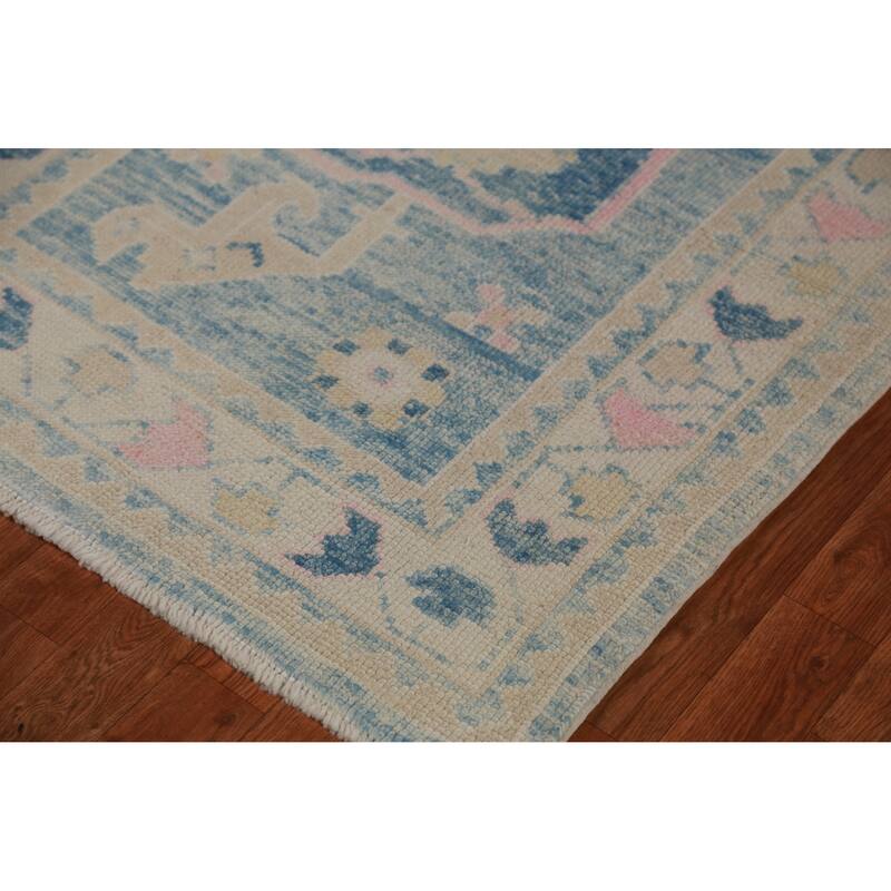 Hand Knotted Oriental 100% Wool Carpet Transitional Geometric Navy Blue & Blues Oushak Runner Rug - 12' 2'' X 3' 3''