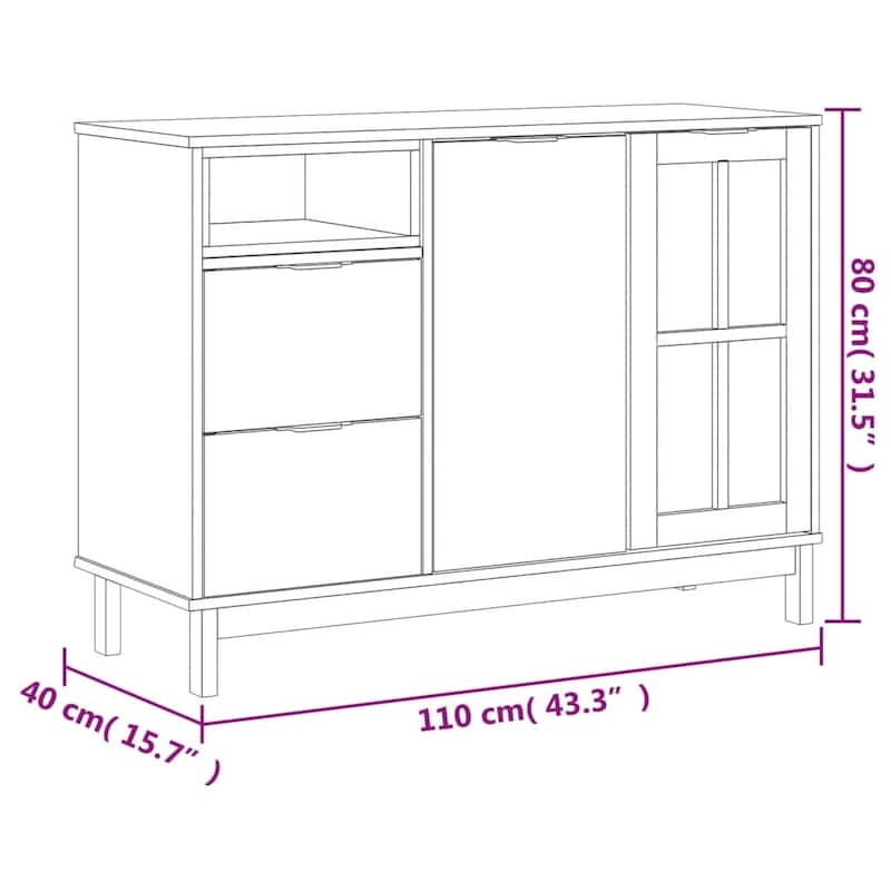 vidaXL Sideboard with Glass Door FLAM 43.3"x15.7"x31.5" Solid Wood Pine - 43.3" x 15.7" x 31.5"