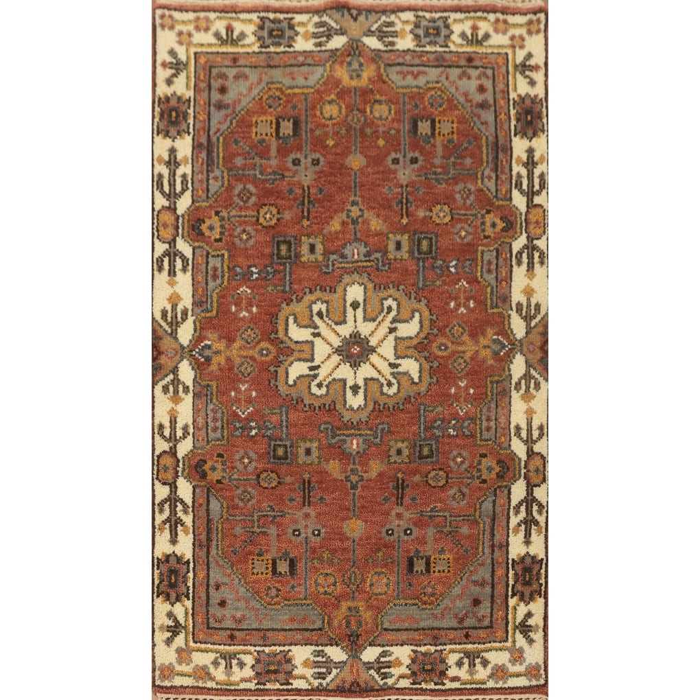 Hand-knotted Traditional Wool Orange Geometric Oriental Area Rug - 5' 0'' X 3' 0''