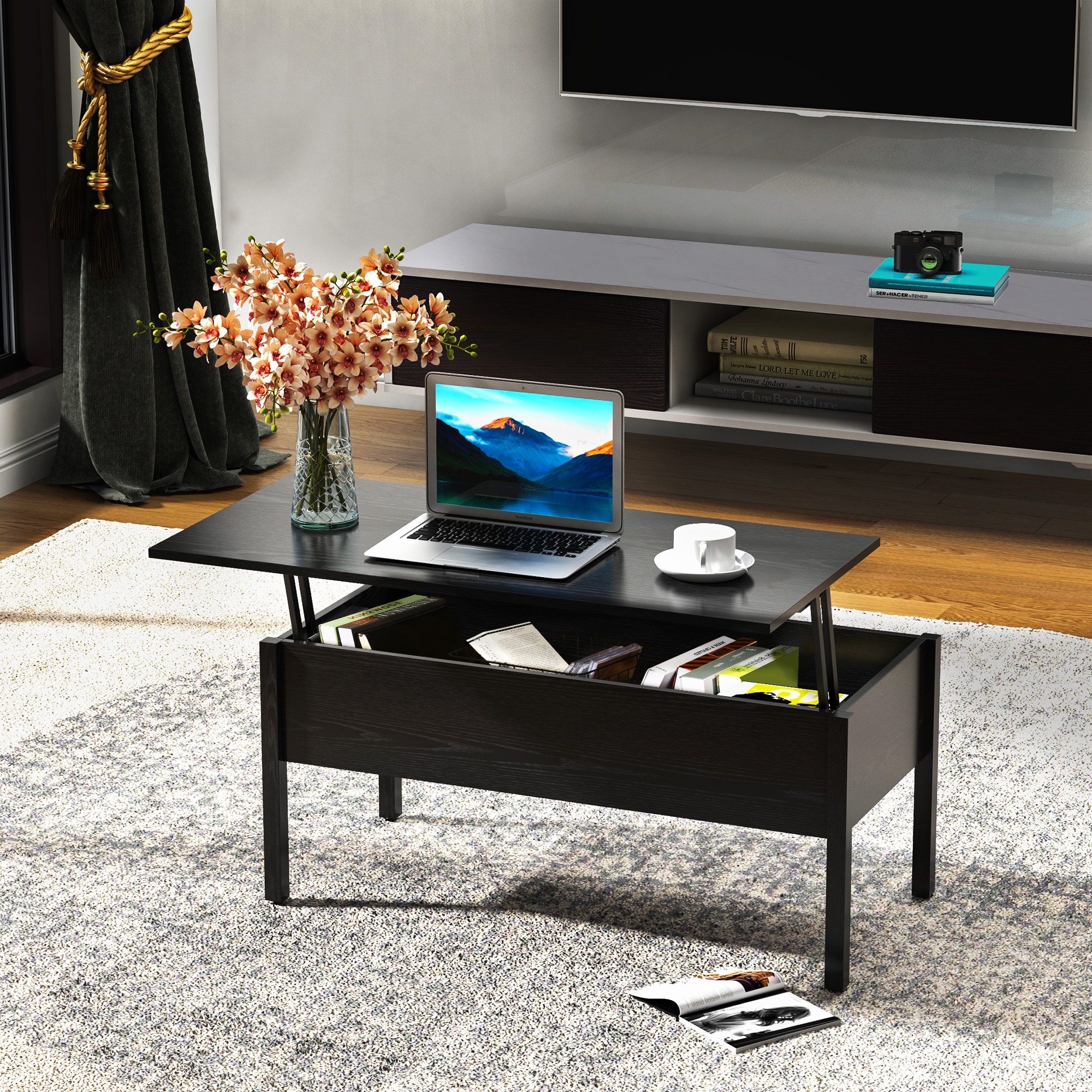 for Living Room Dorm HOMCOM Lift-Top Coffee Table with Hidden Storage Compartment and Storage Cabinet Dining Room Office Industrial Design End Side Table with Solid Metal Frame