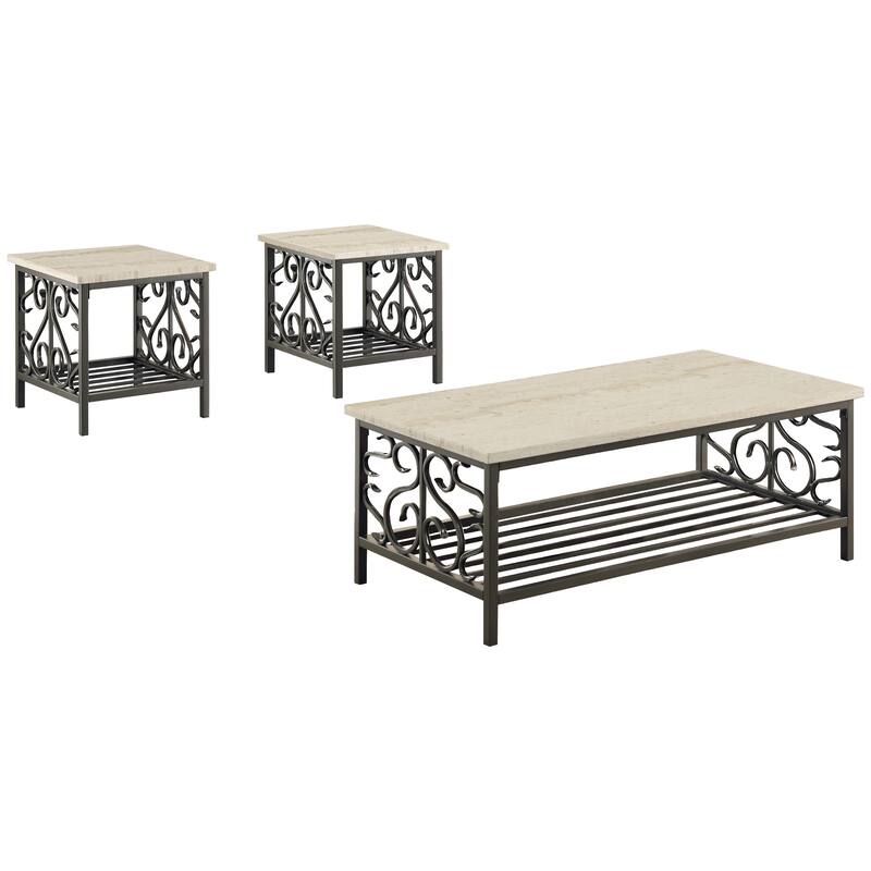 3-Piece Occasional Table Set Coffee Table And 2 End Tables Faux Marble Metal